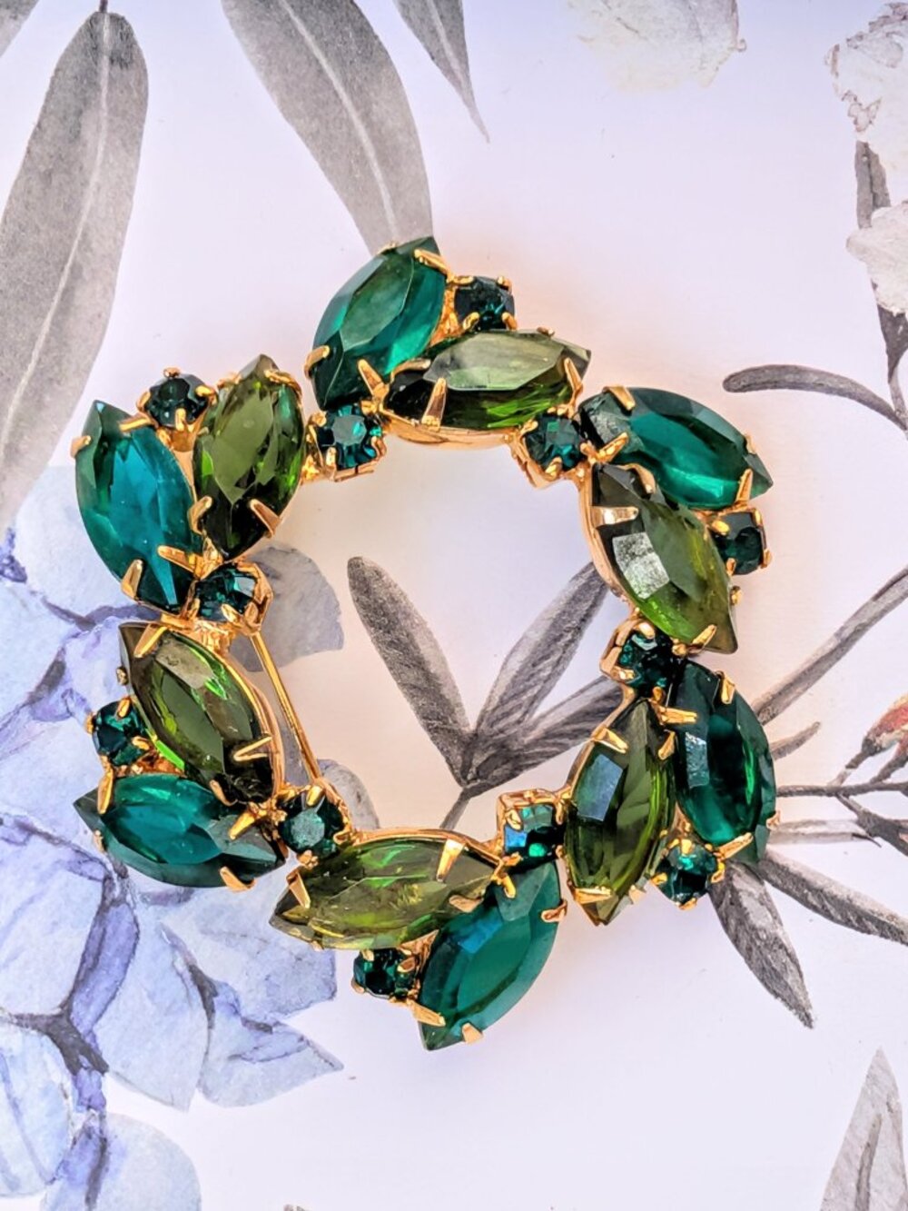 1940's - 1950's Shades of Green Rhinestone Wreath Brooch, Gold Tone
